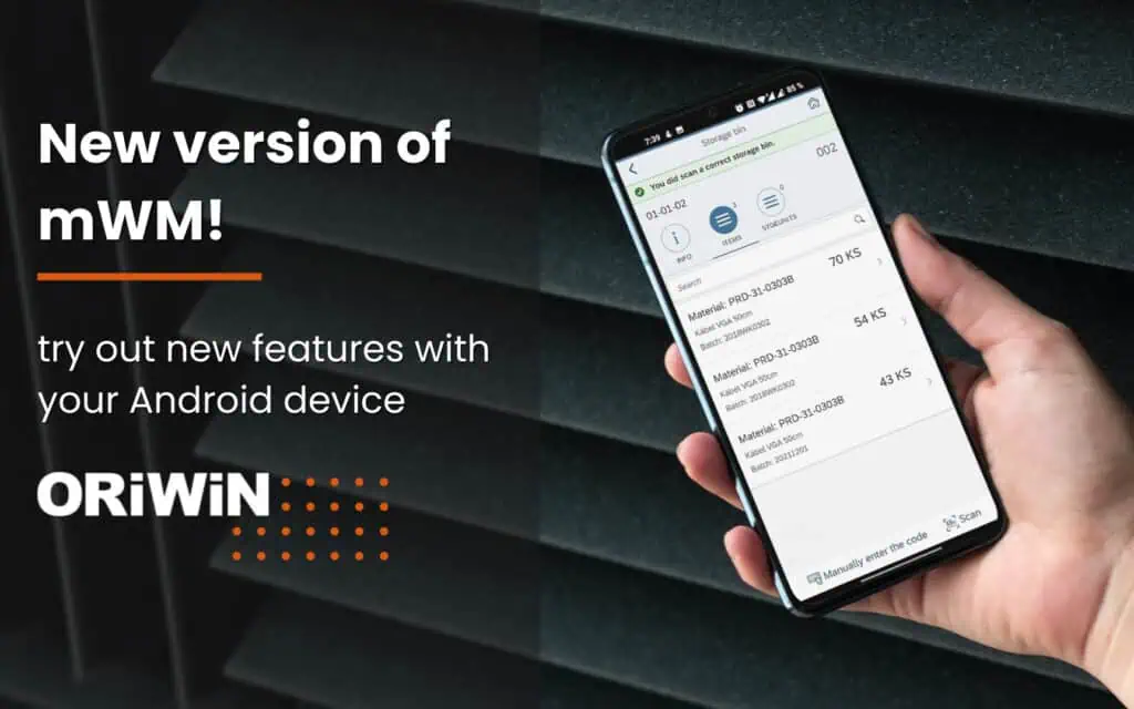 introductory picture for the new version of Mobile Warehouse Management - system from ORIWIN company, hand holding a smartphone, on which Mobile Warehouse Management system is running